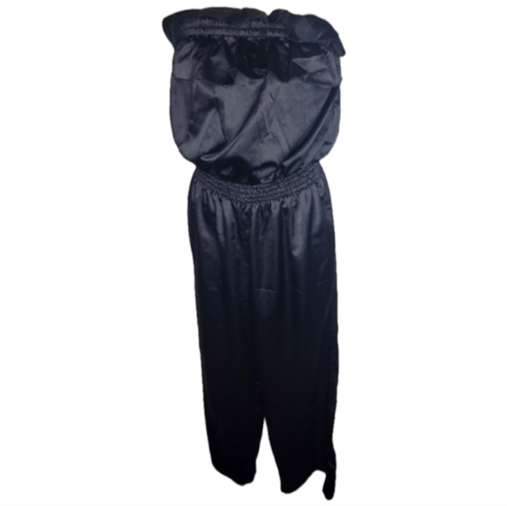 American Rag Women's Black Strapless Ruffle Top Satin Jumpsuit Sz M